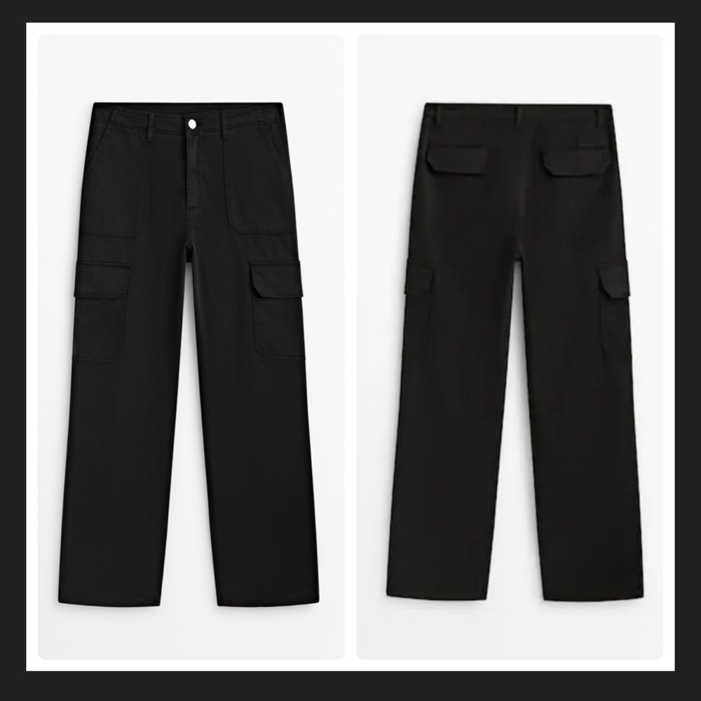 Massimo Dutti Cotton Blend Cargo Trousers In Black